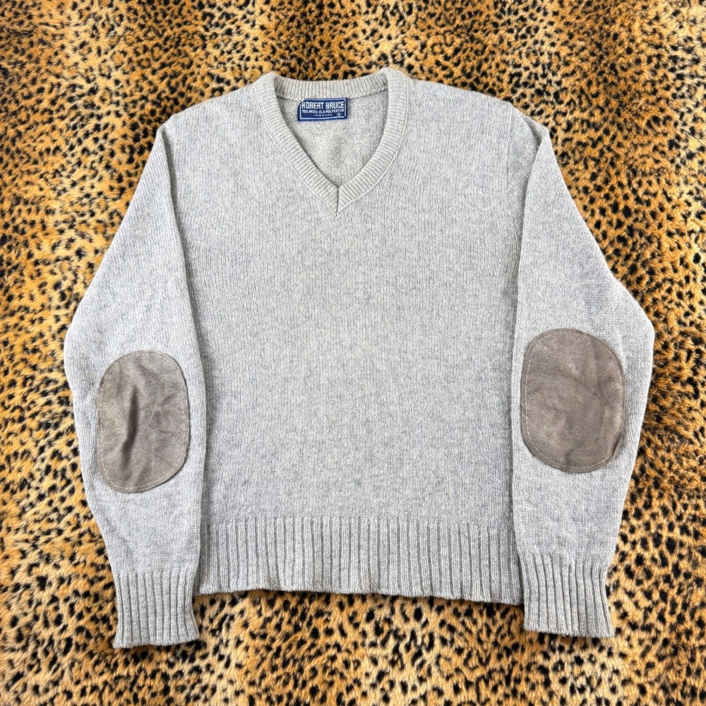 Vintage Robert Bruce Mens Gray Wool Blend V-Neck Sweater Elbow Patches 80s USA S